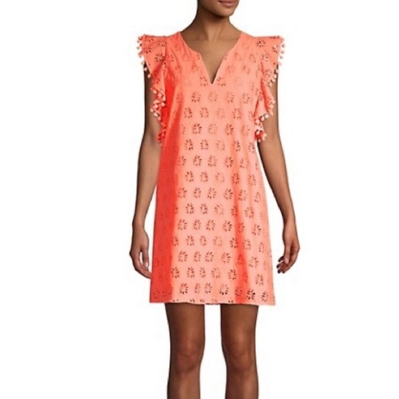 LILLY PULITZER Astara Peach Eyelet Palm Tree Dress w Pom Pom Flutter Sleeves S - Picture 5 of 14